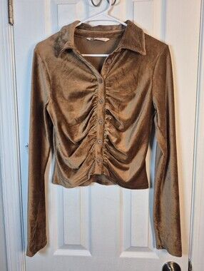 SO Corduroy Ruched Top L Dark Academia Cottagecore Collared Y2K Brown Knit Top